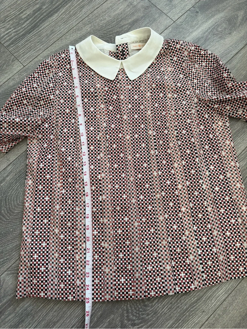 Tory Burch Pink Geometric Short Sleeve Top with White Peter Pan Collar